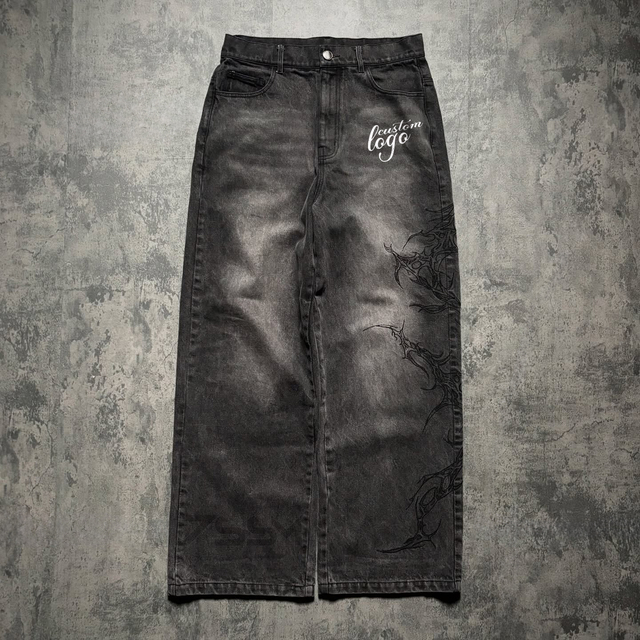 Custom Retro Graphic Embroidered Baggy Jean Hip Hop Streetwear Oversized Wide Leg Acid Wash Distressing Denim Pants for Men