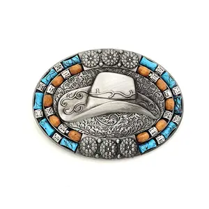 Zinc Alloy cowboy hat belt buckle Western Turquoise beads oval shaped ancient color belt buckle