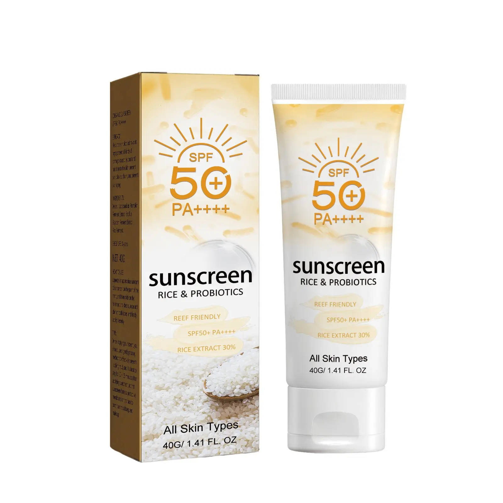 Bán buôn mặt kem chống nắng SPF 50 Probiotic gạo hữu cơ Kem chống nắng ngoài trời UV kháng và không nhờn Kem chống nắng