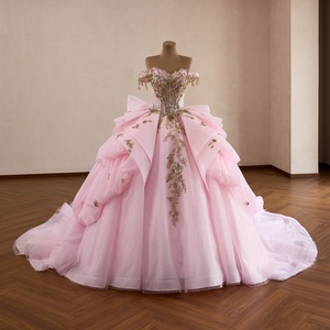 261019 Exquisite <b>Pink</b> <b>Tassel</b> Quinceanera Ball Gown <b>Dress</b> Golden Lace Beading Crystal Natural Waistline Chapel Train Party - Product Image 2