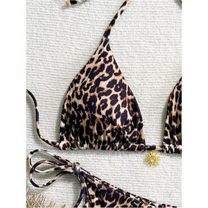 FOXA Conjunto de bikini de 2 piezas con estampado de leopardo para mujer, traje de baño triangular con cordón, conjunto de verano - Product Image 3