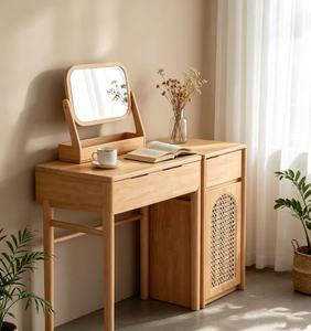 Premium Solid Oak Rattan <b>Dressing</b> <b>Table</b> Adjustable Mirror Multi <b>Storage</b> Cabinet Minimalist Bedroom Makeup Vanity - Product Image 4