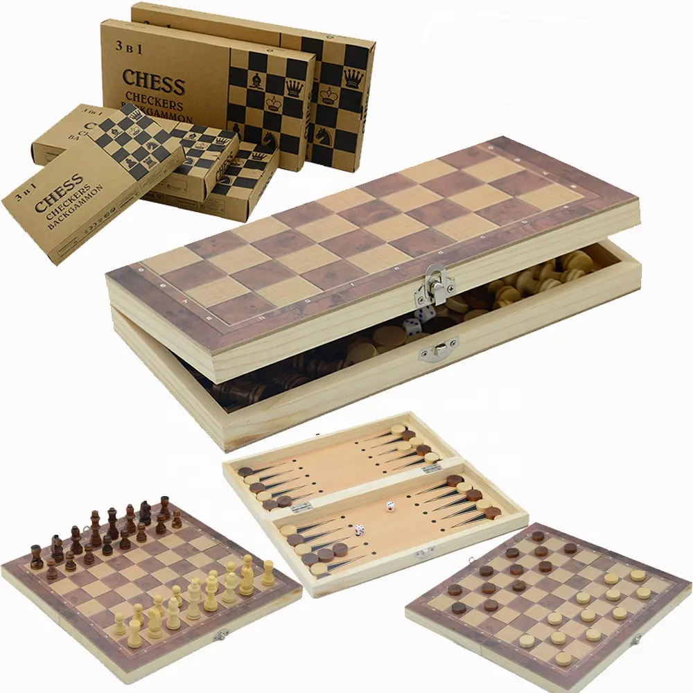 Jeu d'échecs 3 en 1 pour enfants, jeu multifonctionnel en bois pliable, Backgammon en bois, dames, jeu d'échecs International