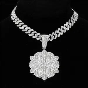 Hip Hop Icy Bling Jewelry Men's Luxury Gold Plated Rhinestone Diamond Snowflake Pendant With Prong Cuban Necklace CHAIN