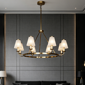 Lustre moderne de luxe à 8 lumières en acier inoxydable doré avec abat-jour en verre côtelé, élégante suspension pour éclairage intérieur - Product Image 4