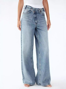 <b>Women</b> High Rise Vintage Denim Wide Leg <b>Jeans</b> Embroidery Rivet <b>Button</b> Elastic Loose Oblique <b>Fly</b> Woven Breathable Baggy - Product Image 1