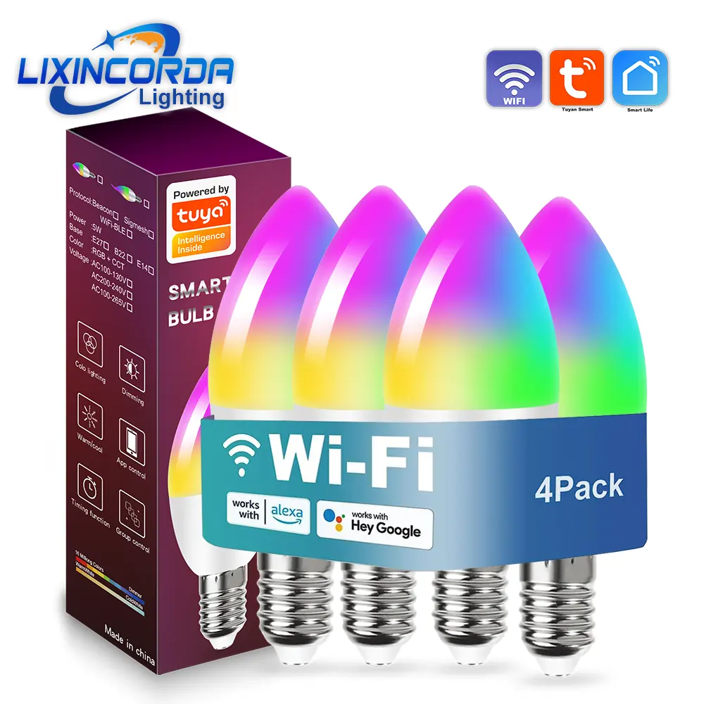 Tuya หลอดไฟอัจฉริยะ WiFi E14 LED,โคมไฟ RGB ทำงานร่วมกับ Alexa/Google Home/Siri/Smart Life 85-265V RGB + หลอดไฟมหัศจรรย์สีขาวหรี่แสงได้