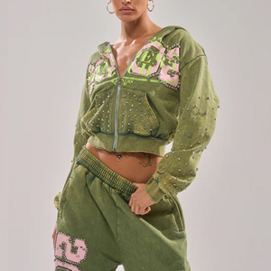 Sudadera con capucha OEM de forro polar de poliéster/algodón de alto gramaje con cremallera y pedrería, estilo French Terry, oversize, para invierno, streetwear, corte holgado, con cremallera y patchwork - Product Image 1