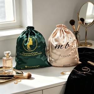 Bolsas de Satén Verde Oscuro con Cordón, Bolsas de Almacenamiento de Cabello de Seda de Lujo con Logotipo Impreso en Oro Personalizado, Bolsas de Regalo para Empaque - Product Image 1