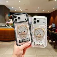 Coque de téléphone miroir à maquillage motif ours en gros pour iPhone 18 17 16 15 Pro Max, étui mobile anti-rayures avec décor floral en strass