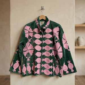 Green <b>Velvet</b> Embroidered Blouson Jacket With Pink Floral Pattern Mandarin Collar Full Sleeve Autumn Outerwear <b>Women</b> <b>Velvet</b> <b>Coat</b> - Product Image 1