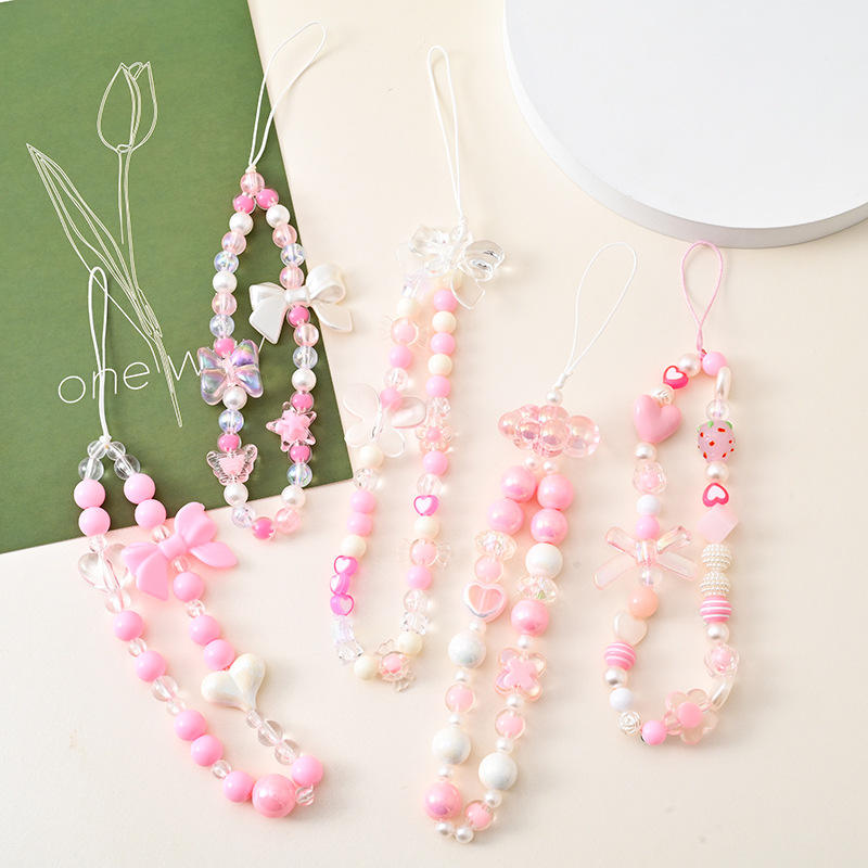 Phone Charms Strap Pink Cute Aesthetic Love Phone Chain Girl Pearl