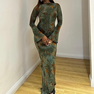 Robes longues ajustées pour femmes, nouveau style, col rond, manches longues, imprimées, dos nu, avec détail de nouage, tendance - Product Image 6