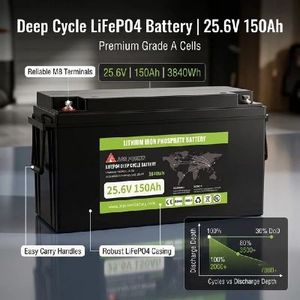 Batterie LiFePO4 25,6 V 150 Ah 3840 Wh, pack de batteries lithium-ion à décharge profonde, cellules de qualité A pour le stockage d'énergie - Product Image 3