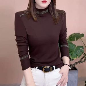 Rhinestone Velvet High Neck Long Sleeve Top For Women Slim Fit Casual Soft Inner Layer Autumn Winter Style - Product Image 5