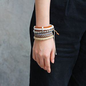 European American Style <b>Bracelet</b> Set Multi Layer Waxed Rope Hemp Leather Beaded <b>Ball</b> Design Fashion Jewelry Four Piece Set - Product Image 3
