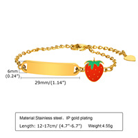 Bracelet vierge pour enfants et bébés en acier inoxydable PVD Or, personnalisable, avec motif dessin animé fraise et œil, émail goutte d'huile, gravable, bijou