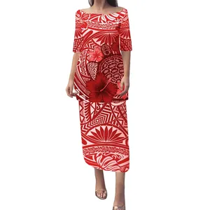 POD Polynesian Sea Turtle Puletasi Dress Tribal Island Two Piece Dresses New Design Wholesale Traditional Off Shoulder Clothing
