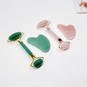 Baru Rol Pijat Wajah Rose Quartz Gua Sha Wajah Jade Roller untuk Kulit Alat Hadiah Set Giok