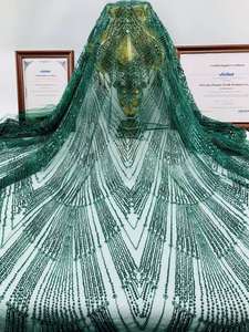 장미 무늬 3D 꽃 스팽글 레이스 원단 핑크 웨딩 드레스 스팽글 고급 튤 신부 비즈 레이스 원단 - Product Image 5