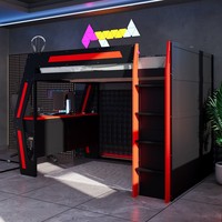 Lit mezzanine de jeu moderne pleine grandeur avec bureau intégré, lumières LED RGB intelligentes, ports USB, 6 compartiments de rangement, 6 tiroirs et escalier de sécurité