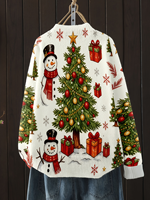 Suéter Navideño para Mujer con Estampado de Muñeco de Nieve y Árbol, Cuello Redondo, Transferencia Térmica, Personalizado para Uso Diario Informal y Festivo