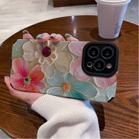 Étui de téléphone portable en cuir artificiel TPU avec impression de fleurs roses et bleues, peinture à l'huile, pour iPhone X Xr 11 12 13 14 15 16 17 18 Pro Max
