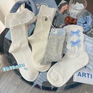White Mid-Calf <b>Socks</b> With Blue Bow And Ruffle Design <b>Breathable</b> Women's Cotton <b>Socks</b> For Spring Summer - Product Image 2
