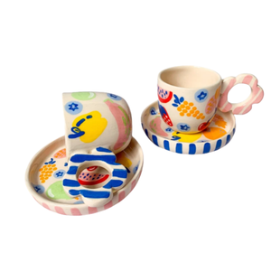 Mercato della frutta 2 <span class=keywords><strong>tazze</strong></span> Espresso con piattini tazza Set <span class=keywords><strong>di</strong></span> <span class=keywords><strong>due</strong></span> <span class=keywords><strong>tazze</strong></span> <span class=keywords><strong>di</strong></span> <span class=keywords><strong>caffè</strong></span> in ceramica fatta a mano, regalo amante del <span class=keywords><strong>caffè</strong></span> - Product Image 2