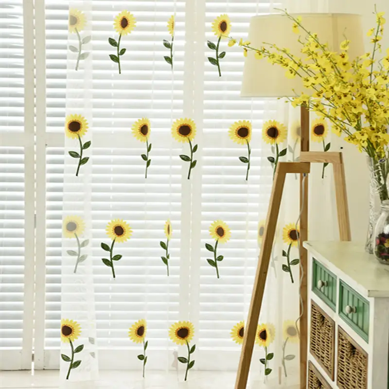 Cortinas de girasol, decoración de cocina, cortinas transparentes amarillas para dormitorio, sala de estar, tul transparente Floral