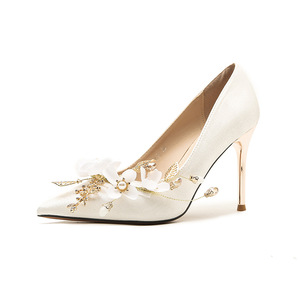 Satin Pointed Toe Stiletto <b>Heel</b> Wedding Shoes With Flower Decoration Bridal Pumps Super High 8cm Up <b>White</b> Female - Product Image 5