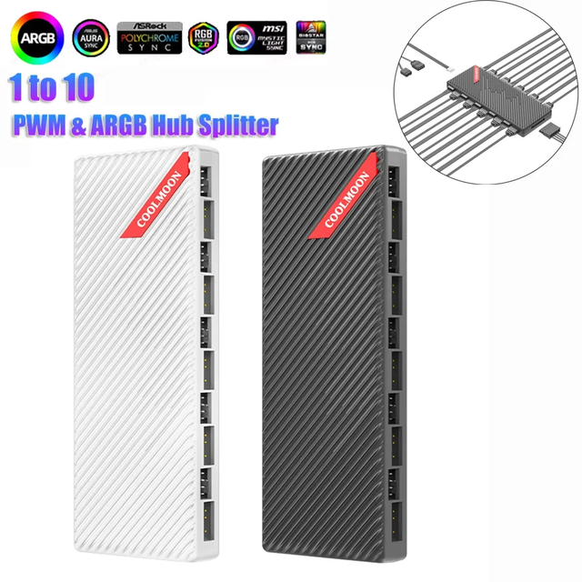COOLMOON 1 to 10 PWM & ARGB Hub Splitter Magnetic Suction ARGB Controller Splitter 5V 3Pin Cooling Fan Controller Fr PC Case Fan