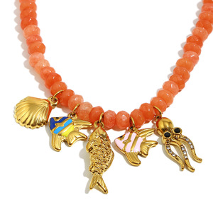 Collar de cuentas de ágata roja, colgante de pulpo de concha de pez, joyería de acero inoxidable, piedra Natural, collar de encanto de pez de verano - Product Image 4