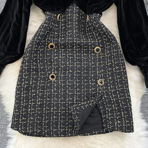 Robe rétro <span class=keywords><strong>chic</strong></span> en velours et tweed - Col roulé, taille ultra haute avec taille à panneaux - Product Image 3