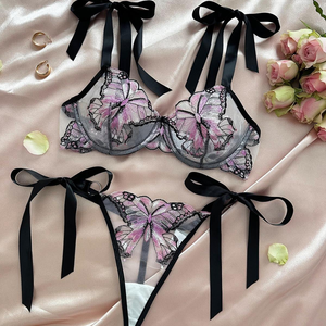 Conjunto de lencería bordado con mariposas para mujer, bragas de bikini, ropa interior sexy, transpirable, nailon, spandex, 2 piezas - Product Image 3