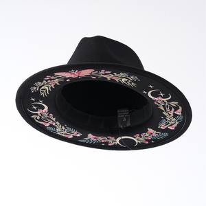 Nouvelle Arrivée 2026 Chapeau Fedora Noir Tendance avec Broderie Florale Papillon Rose et Lune Croissante - Product Image 2