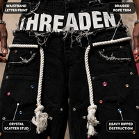 Shorts en jean personnalisés noirs pour hommes, coupe déchirée, avec bordure en corde, imprimé cristal épars, taille élastiquée et ourlet brut effiloché, OEM