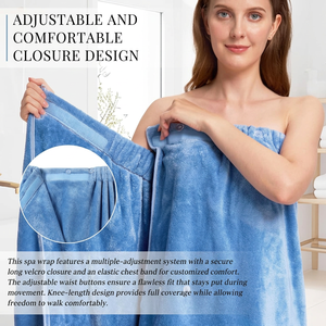 Robe de bain en polaire corail bleue hypoallergénique pour femme adulte, couleur unie, rectangulaire, lavable en machine, pour usage SPA - Product Image 5