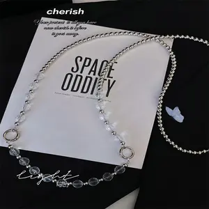 Pearl style Metal Love leather Silver white beaded woven rope diagonal strap diagonal chain wrist strap mobile phone chain