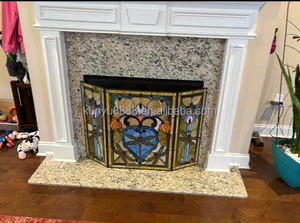 Stained Glass Fireplace <b>Screen</b> 3 Panels Floral Design Traditional Decor Blue Color Rectangle Shape Artistic Decoration 110*70CM - Product Image 3