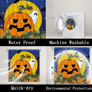 <b>Wall</b> Decor Halloween 3D Modern Pumpkin Patch <b>Curtain</b> 12 <b>Hooks</b> Cartoon Moon Night Ghost Home Decorations Sets for Bathroom - Product Image 4