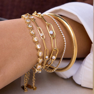 Bracelet en acier inoxydable doré avec zircon, design géométrique, serti clos, bijoux pour femme, cadeau, bracelet à maillons tendance - Product Image 3