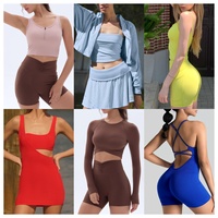 Ensembles de yoga prêts à l'emploi à bas prix, shorts sans coutures, soutiens-gorge de sport, gilets de fitness, vêtements pour femmes, de seconde main