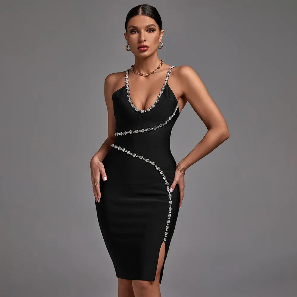 Ocstrade Ladies Elegant Black Deep V Neck Crystal Slit Spaghetti Strap Dress Sleeveless Backless Bodycon Dinner Party Dress