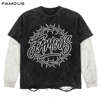 T-shirt Acid Wash Oversize Streetwear Noir Délavé Deux Pièces Manches Longues Imprimé Cercle Fil Barbelé Effet Vieilli