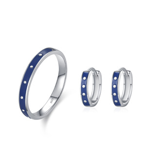 Un élégant ensemble bague et boucles d'oreilles en argent sterling S925 avec émail bleu, un ensemble de bijoux haut de gamme, de niche et vintage pour femmes. - Product Image 1