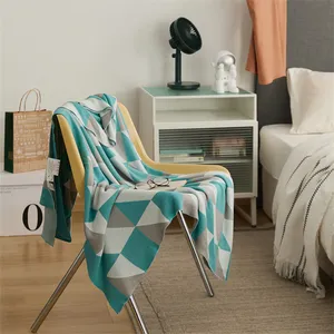 夏季清凉针织格子毛毯自然竹子3D错觉三色撞色床清凉透气被子毛毯