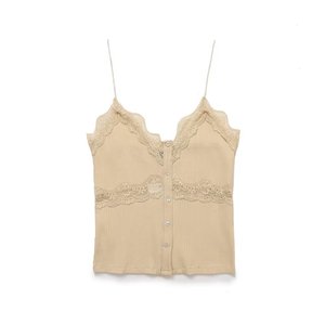 T-shirt Halter côtelé en dentelle à boucle de couleur unie pour femme – Tendance - Product Image 4