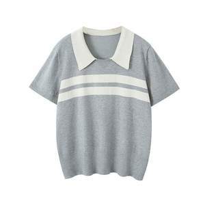 Runqi N8698 Haut en tricot rayé à col polo pour femme, manches courtes, grande taille, gris, en coton, pour femmes courbes - Product Image 5