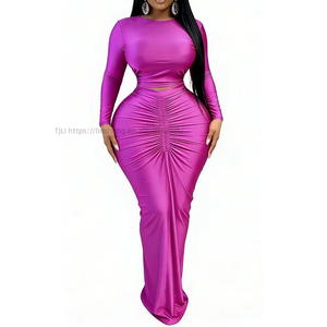 Ensemble 2 pièces froncé pour femme : haut court à manches longues et jupe longue taille haute pour soirées et événements – Tendance Mode - Product Image 1
